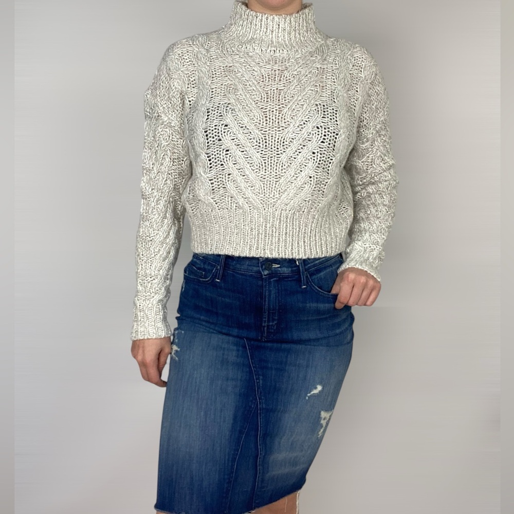 VILA Viapoline High Neck Long Sleeve Cable Knit Sweater Turtleneck in White Sand